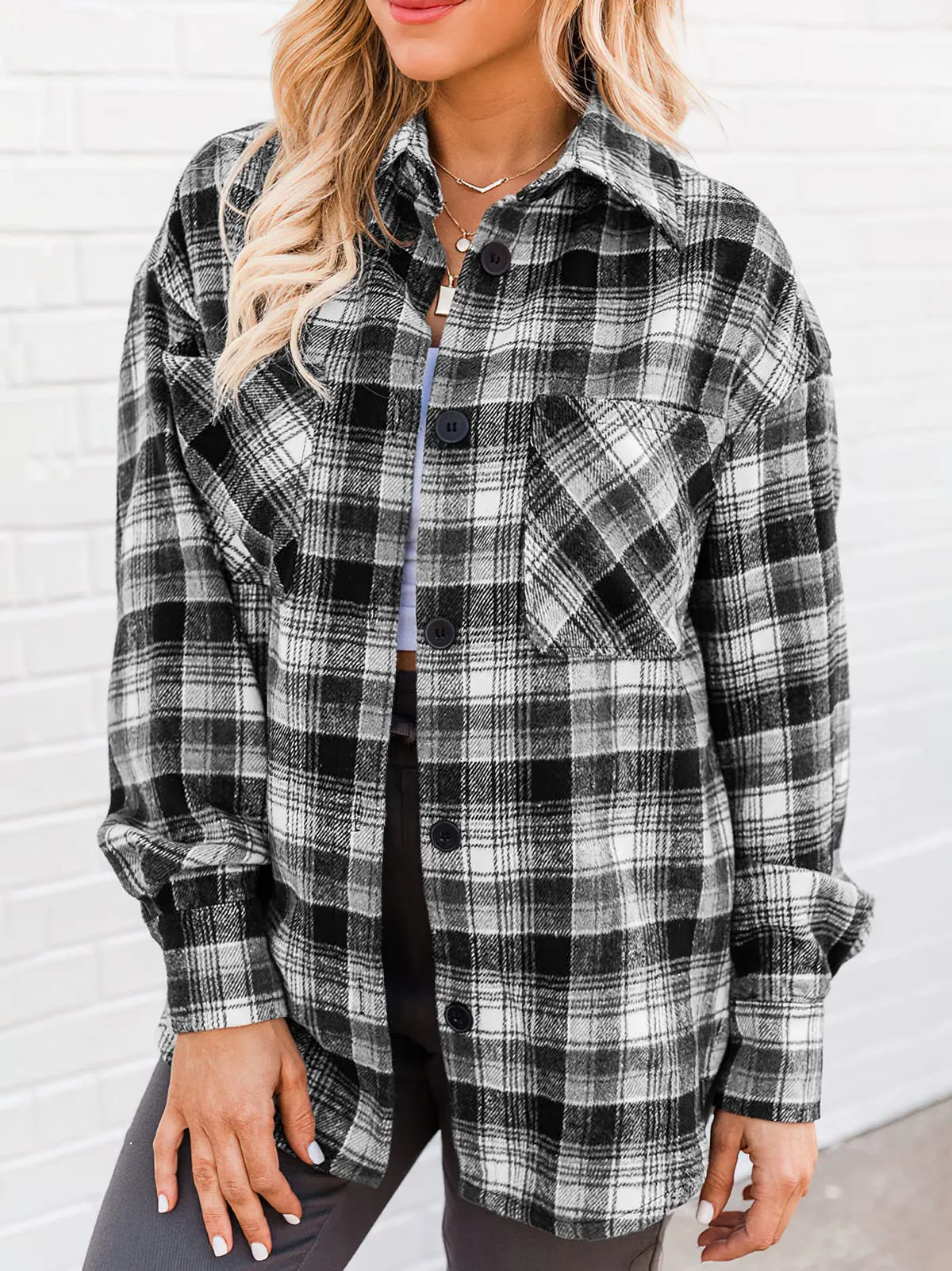Black And White Womens Casual Plaid Shirts Color Block Long Sleeve Lapel Button Jacket Coats with Pockets - LOGENE