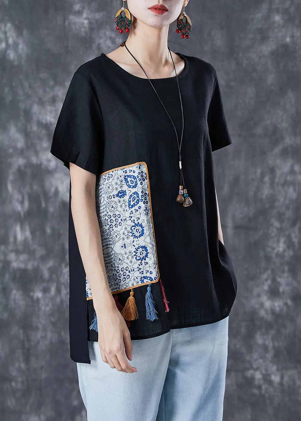 Black Patchwork Linen Tank Tops Oversized Tassel Summer TA1030