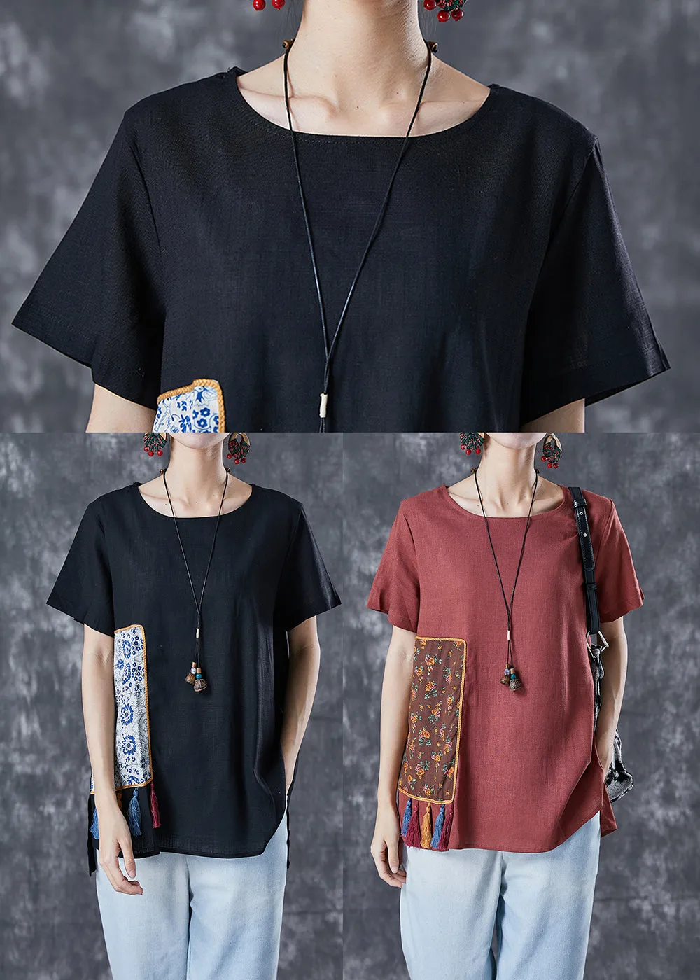 Black Patchwork Linen Tank Tops Oversized Tassel Summer TA1030