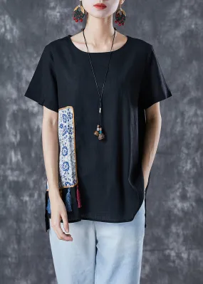 Black Patchwork Linen Tank Tops Oversized Tassel Summer TA1030