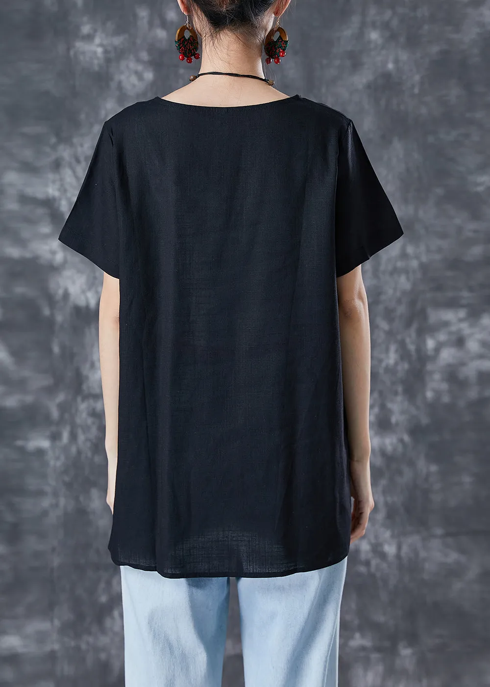 Black Patchwork Linen Tank Tops Oversized Tassel Summer TA1030