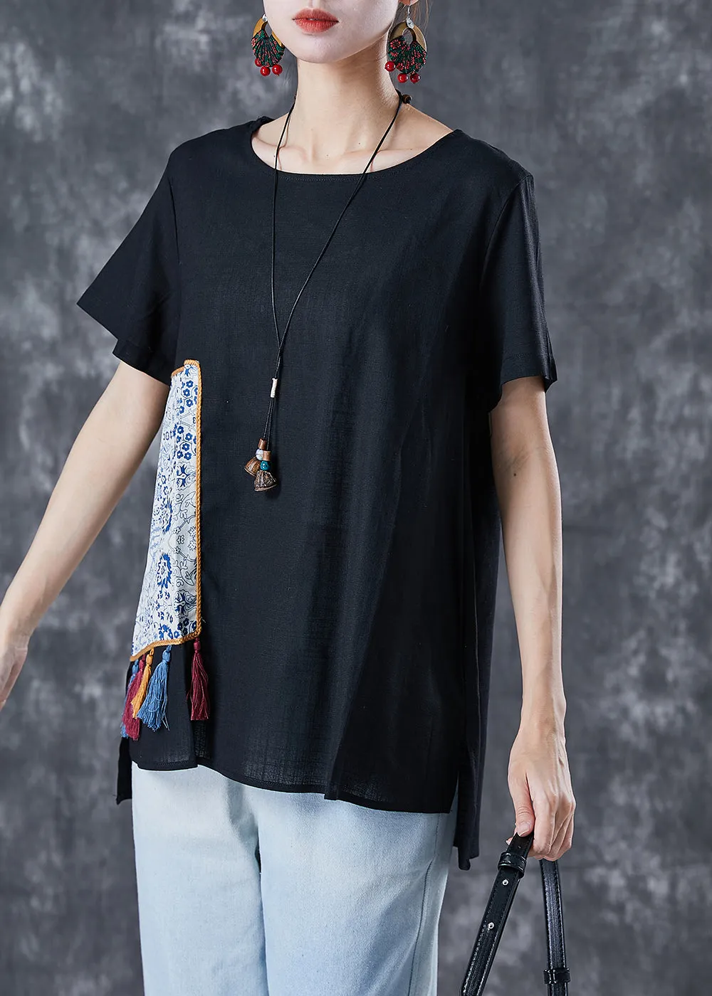 Black Patchwork Linen Tank Tops Oversized Tassel Summer TA1030