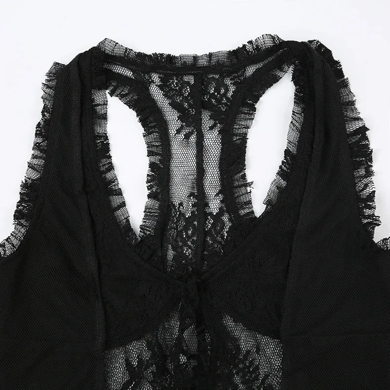 Black Ruched Lace See Through Top