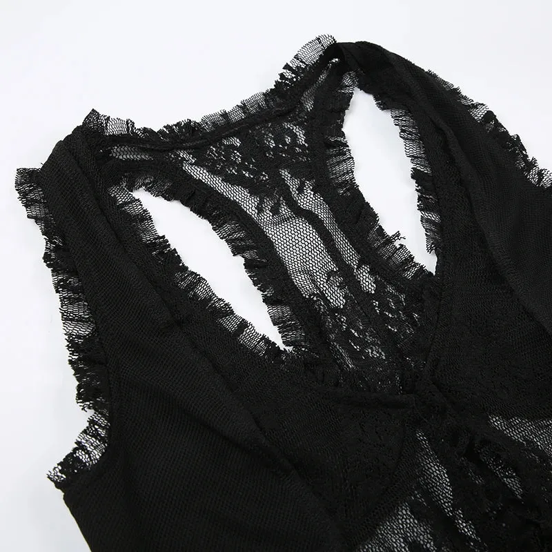 Black Ruched Lace See Through Top