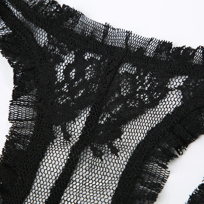 Black Ruched Lace See Through Top