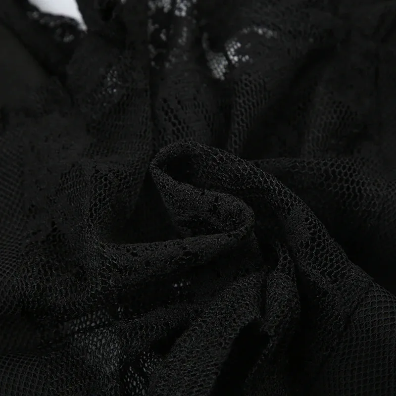 Black Ruched Lace See Through Top