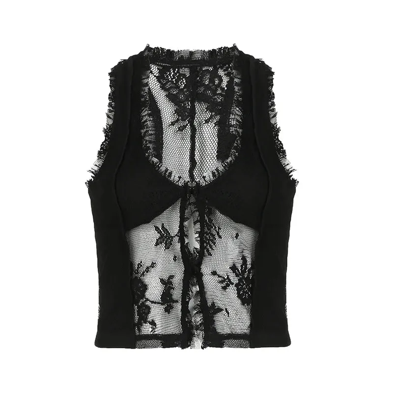 Black Ruched Lace See Through Top