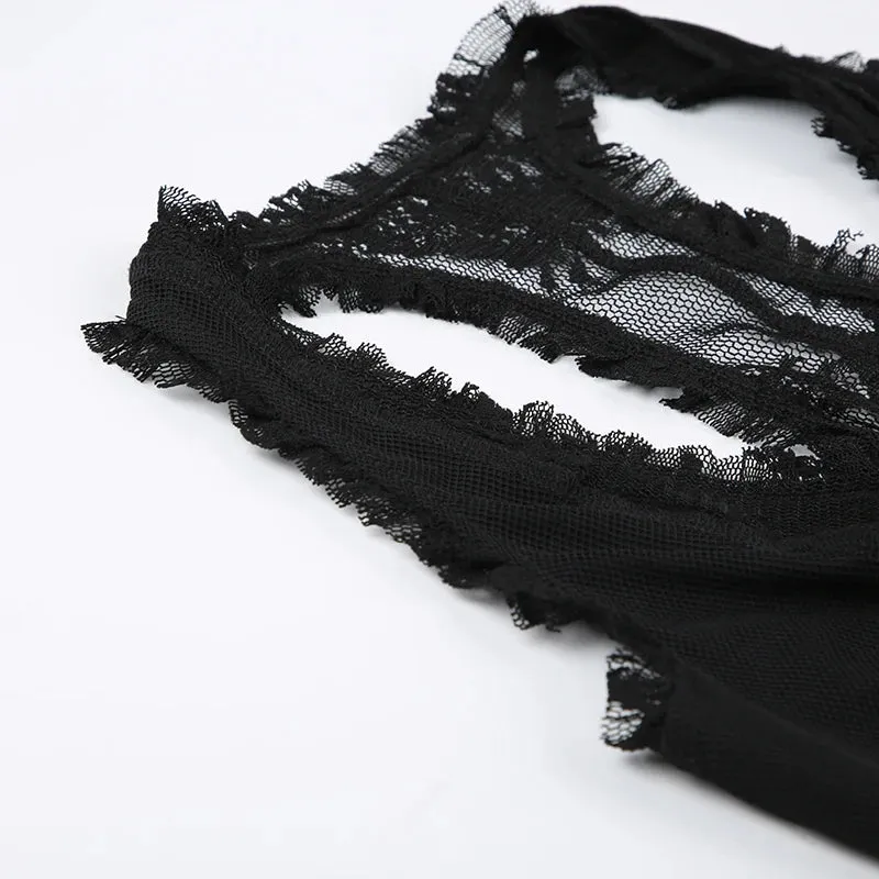 Black Ruched Lace See Through Top
