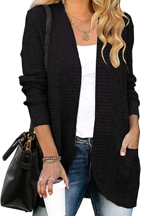 Black Women's Long Sleeve Open Front Casual Lightweight Soft Knit Cardigan Sweater Outerwear - ZESICA