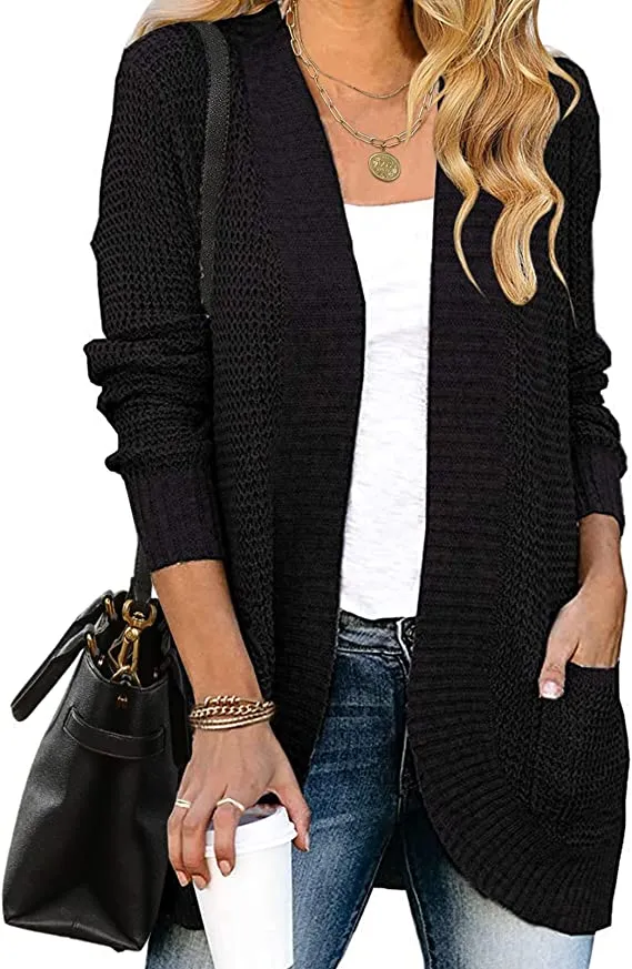 Black Women's Long Sleeve Open Front Casual Lightweight Soft Knit Cardigan Sweater Outerwear - ZESICA