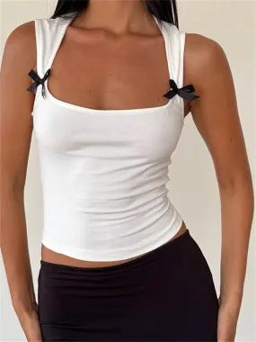 Bonnyshow   Women Tank Tops Black Bow Patchwork Sleeveless Mini Vest Summer Fashion Slim Fit White Camis Cropped Streetwear