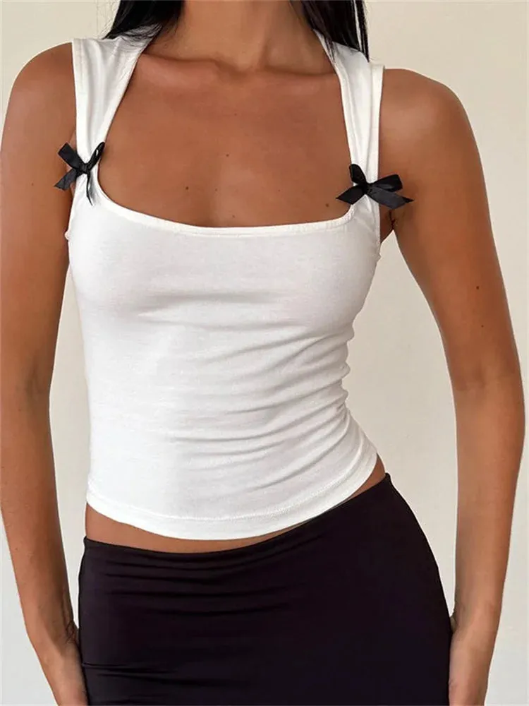 Bonnyshow   Women Tank Tops Black Bow Patchwork Sleeveless Mini Vest Summer Fashion Slim Fit White Camis Cropped Streetwear