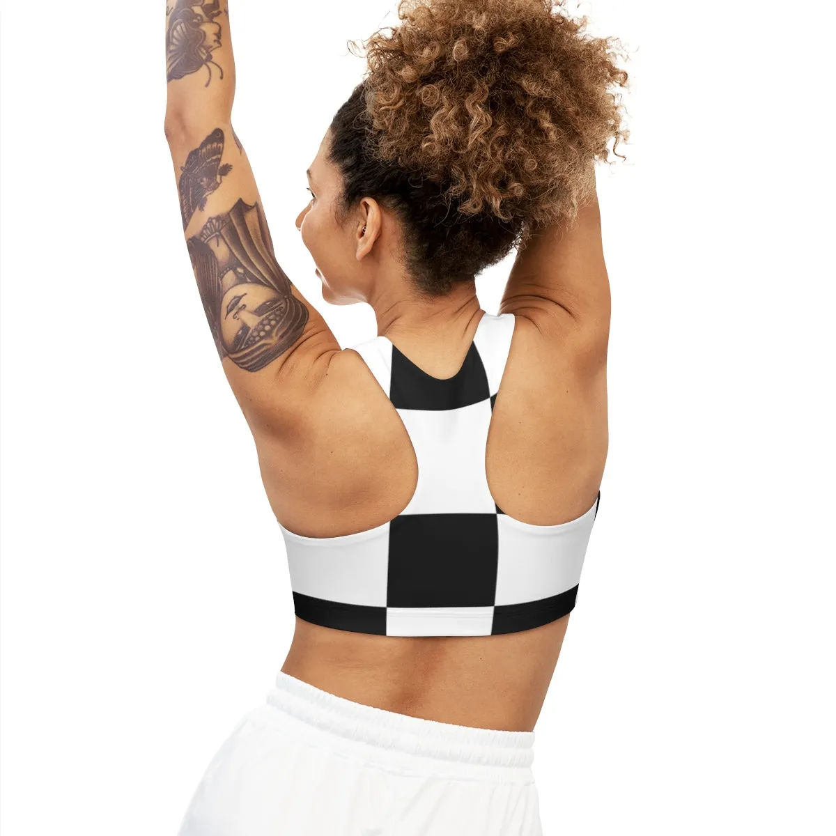 Checkered and Solid Black Reversible Seamless Sports Bra