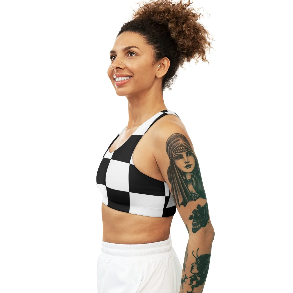 Checkered and Solid Black Reversible Seamless Sports Bra