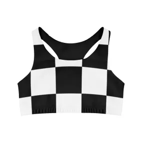 Checkered and Solid Black Reversible Seamless Sports Bra