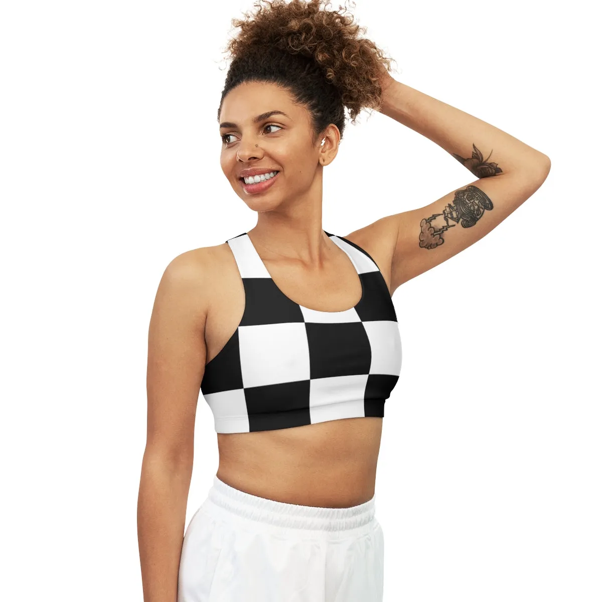 Checkered and Solid Black Reversible Seamless Sports Bra