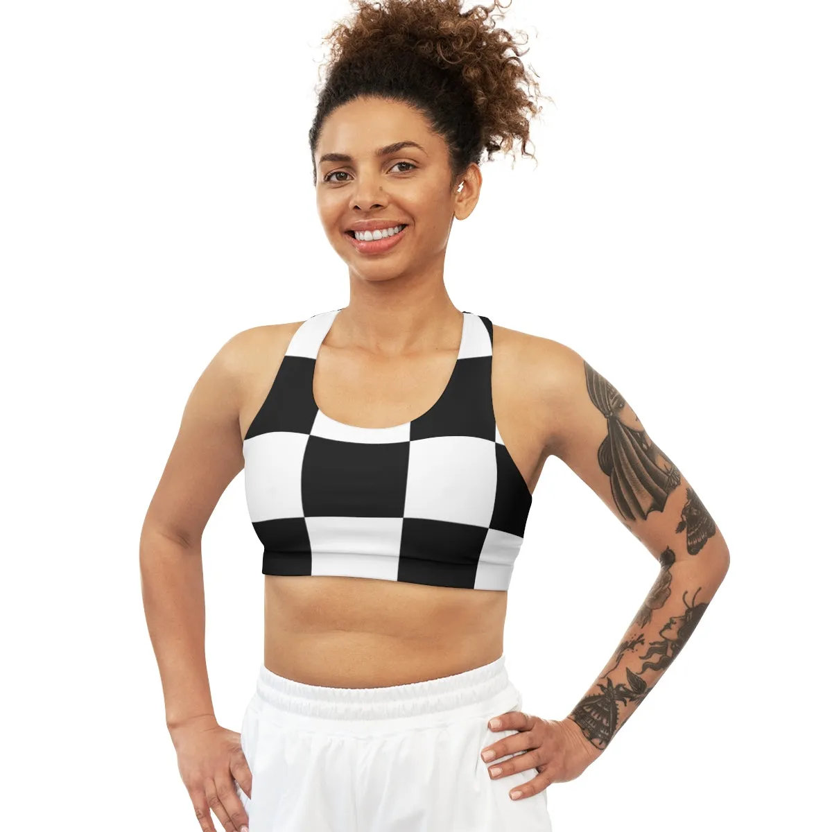 Checkered and Solid Black Reversible Seamless Sports Bra