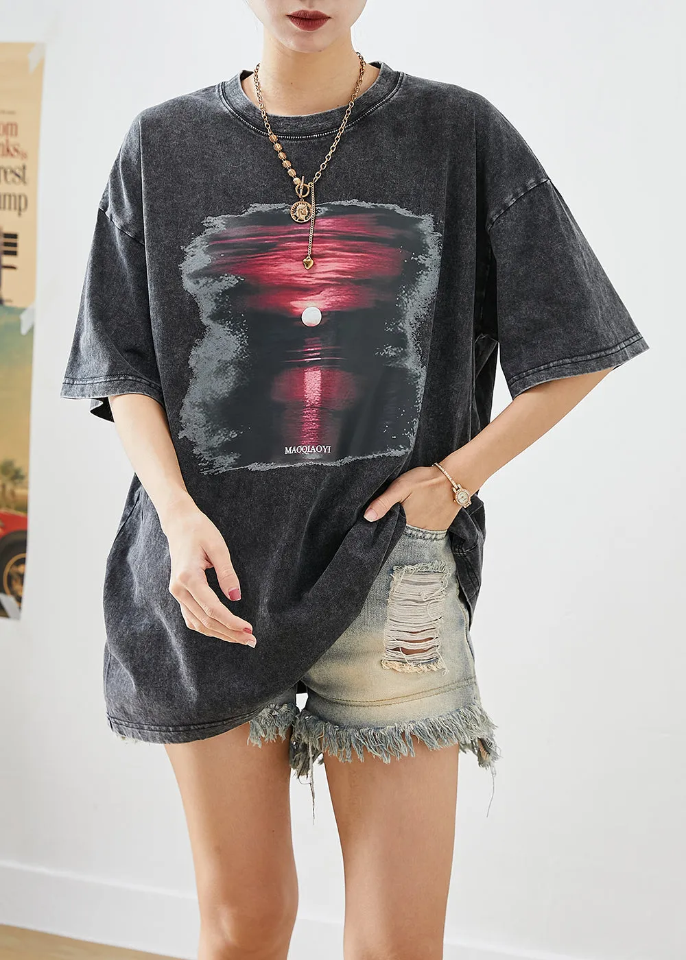 Chic Black Oversized Sunset Print Cotton Tank Tops Summer LY9246