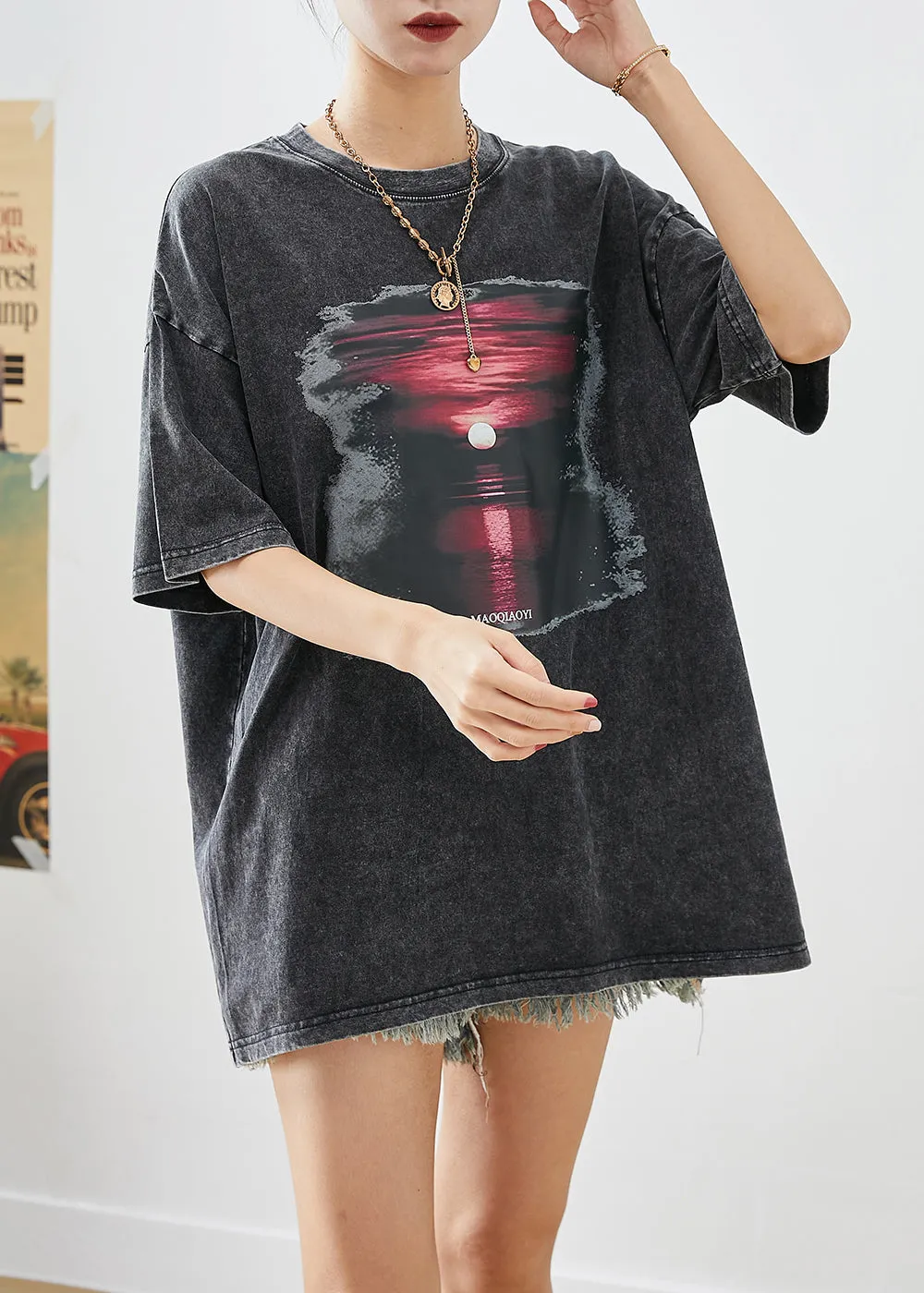 Chic Black Oversized Sunset Print Cotton Tank Tops Summer LY9246