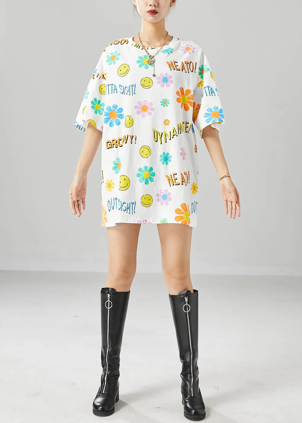 Classy White Oversized Smile Print Cotton Tank Tops Summer LY6738