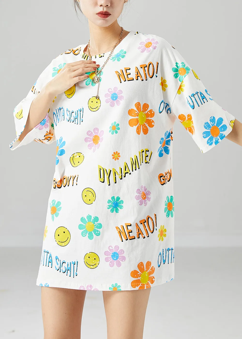 Classy White Oversized Smile Print Cotton Tank Tops Summer LY6738