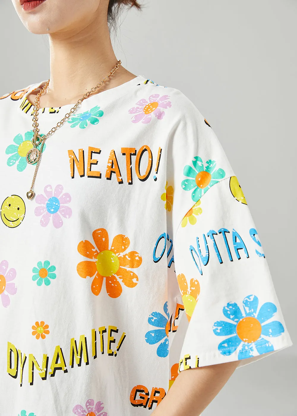 Classy White Oversized Smile Print Cotton Tank Tops Summer LY6738