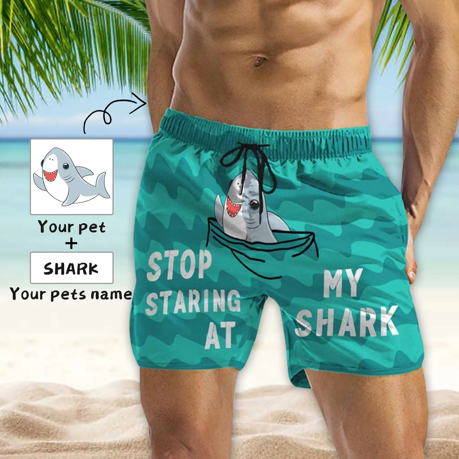 Custom Pet Face Swim Shorts with Photo & Name Personalized Shark Cat Men's Quick Dry Swim Shorts for Holiday