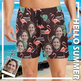 Custom Swimming Trunks Design Face Flamingos Men's Quick Dry Swim Shorts with Girlfriend's Face for Pool Party