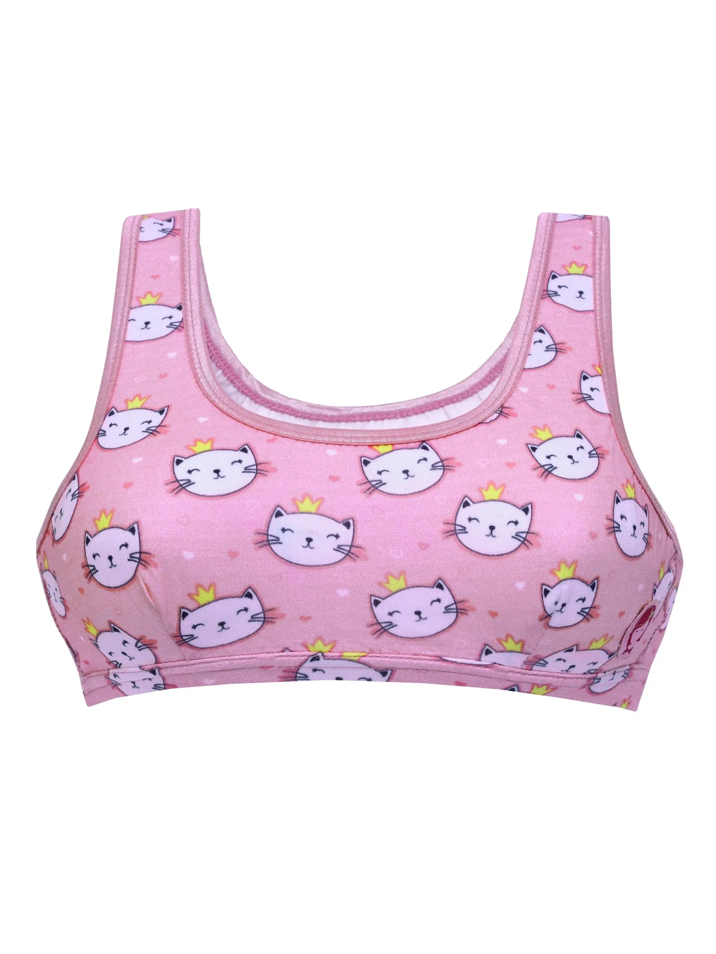 Double-layer Broad Strap Cotton Sports Bra | Non Padded Beginner Bra For Girls | Kitty Print & Solid Bra Pack of 2