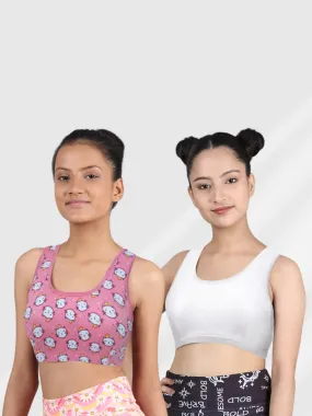 Double-layer Broad Strap Cotton Sports Bra | Non Padded Beginner Bra For Girls | Kitty Print & Solid Bra Pack of 2