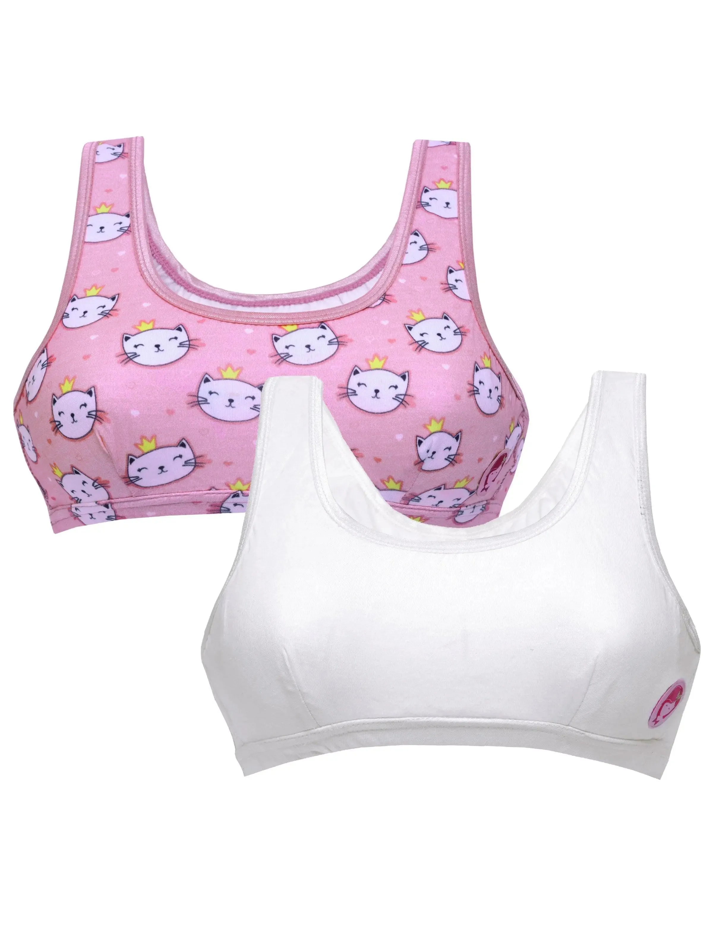 Double-layer Broad Strap Cotton Sports Bra | Non Padded Beginner Bra For Girls | Kitty Print & Solid Bra Pack of 2