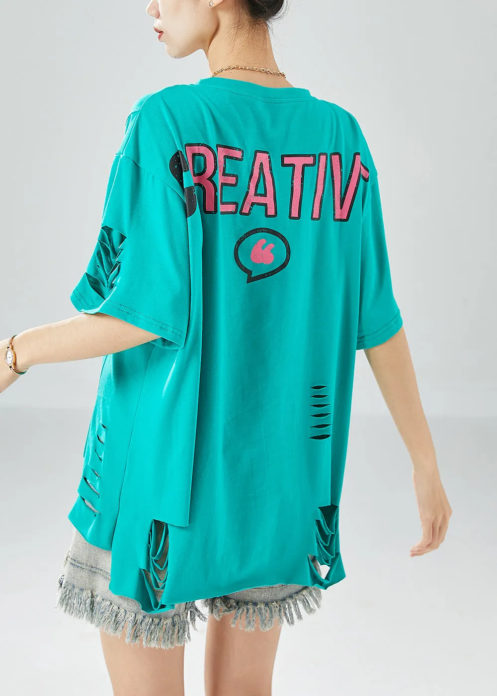 Green Original Design Cotton Ripped Tank Tops Oversized Summer LY6153