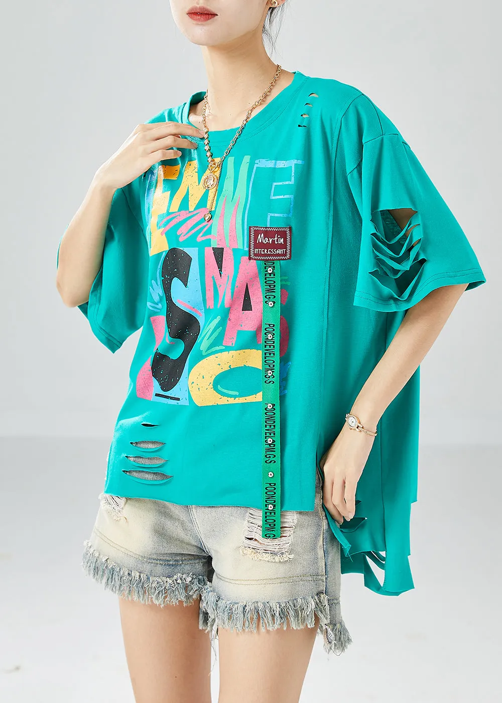 Green Original Design Cotton Ripped Tank Tops Oversized Summer LY6153