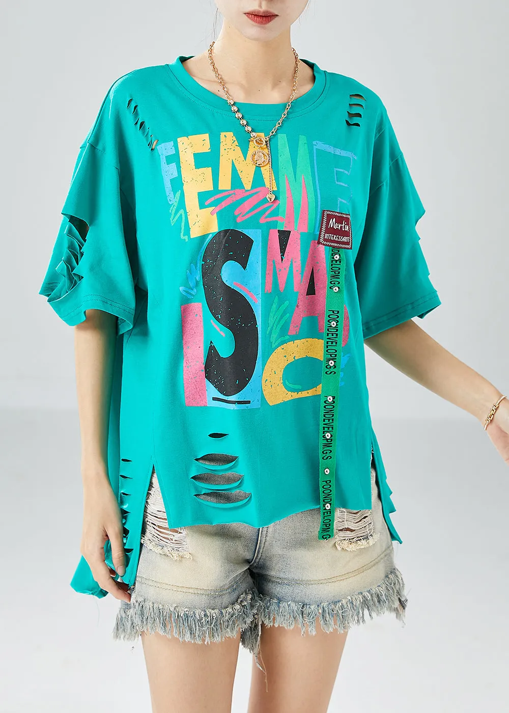 Green Original Design Cotton Ripped Tank Tops Oversized Summer LY6153