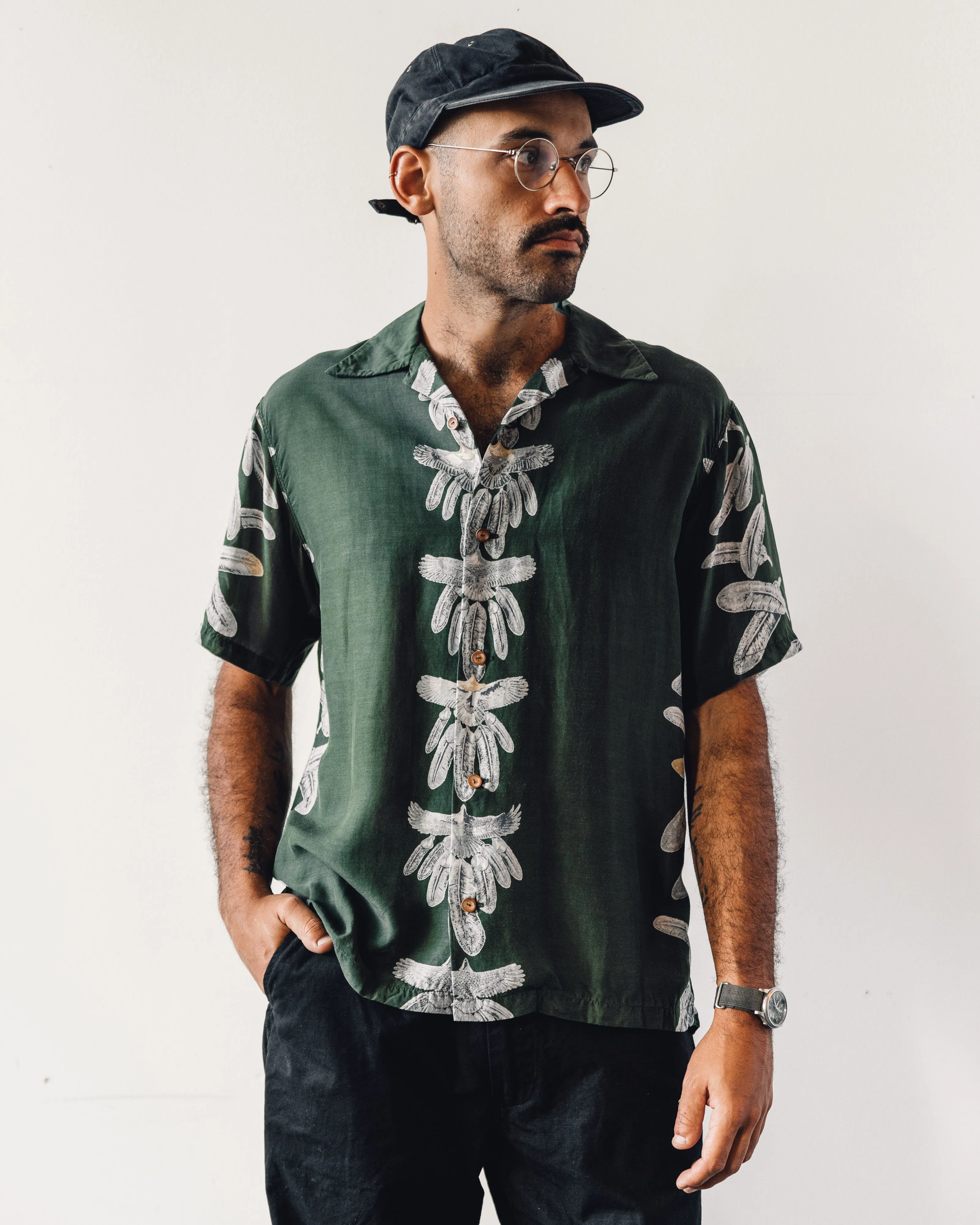 Kapital Silk Rayon Eagle Jewel Aloha Shirt, Khaki