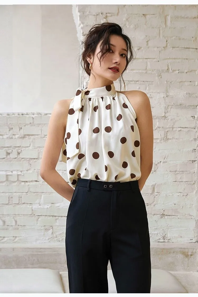 Ladies Halter Camisole Women Summer Retro Polka Dot Outwear Loose Sleeveless Tops