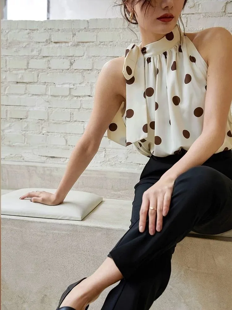Ladies Halter Camisole Women Summer Retro Polka Dot Outwear Loose Sleeveless Tops