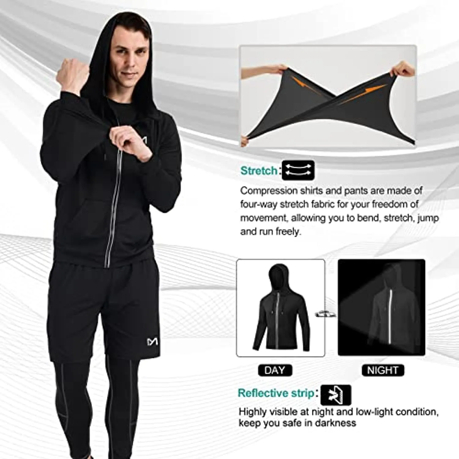 MEETYOO 5Pcs Men's Compression Sets Pants Long Sleeve Shirt Athletic Shorts Running Jacket Short Sleeve t-Shirts