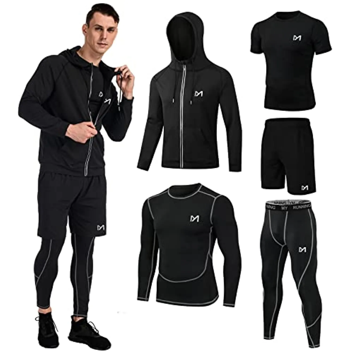 MEETYOO 5Pcs Men's Compression Sets Pants Long Sleeve Shirt Athletic Shorts Running Jacket Short Sleeve t-Shirts