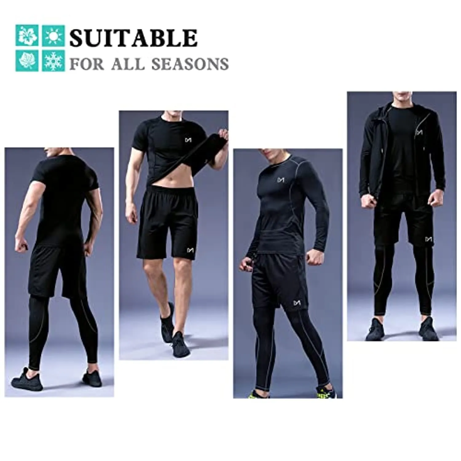 MEETYOO 5Pcs Men's Compression Sets Pants Long Sleeve Shirt Athletic Shorts Running Jacket Short Sleeve t-Shirts