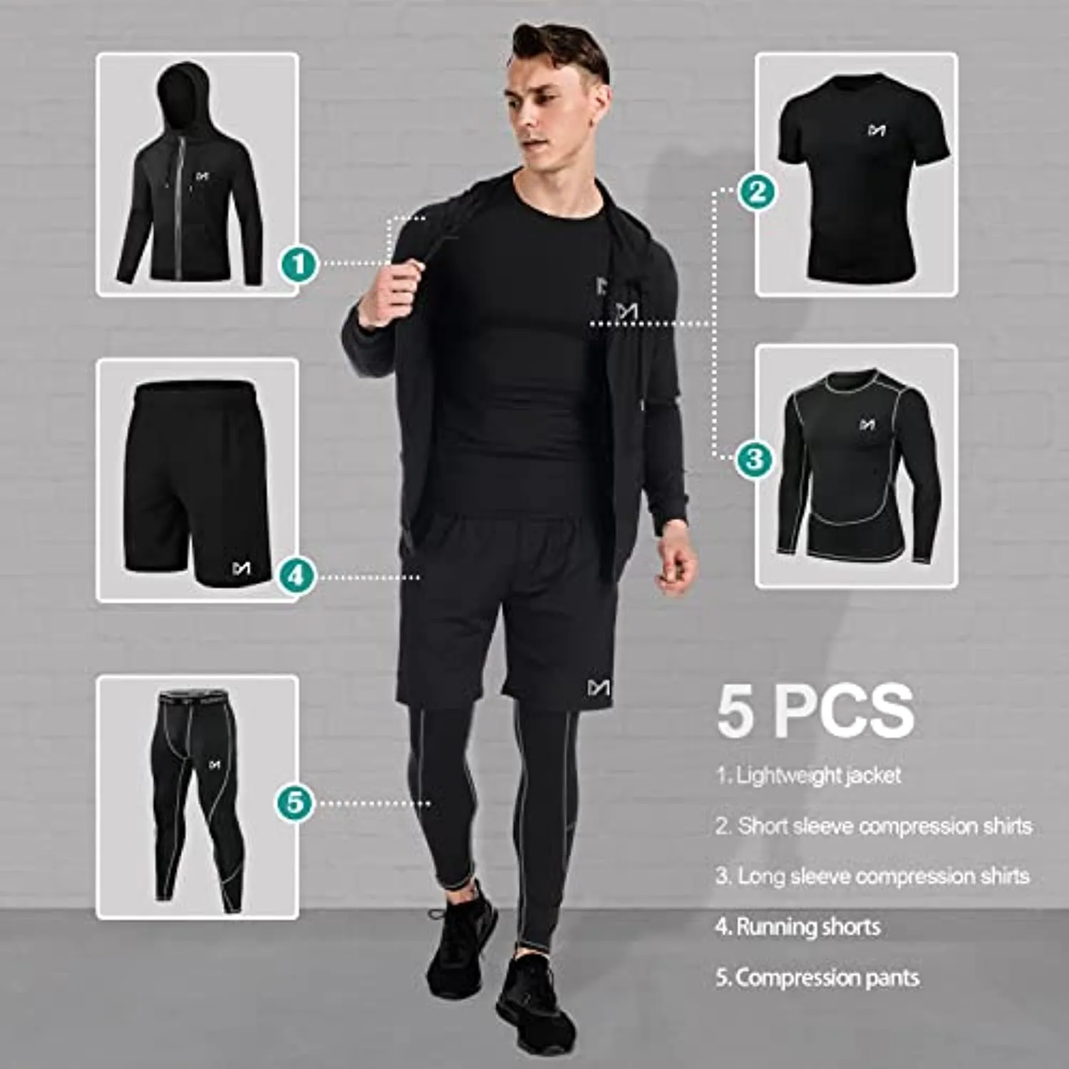 MEETYOO 5Pcs Men's Compression Sets Pants Long Sleeve Shirt Athletic Shorts Running Jacket Short Sleeve t-Shirts