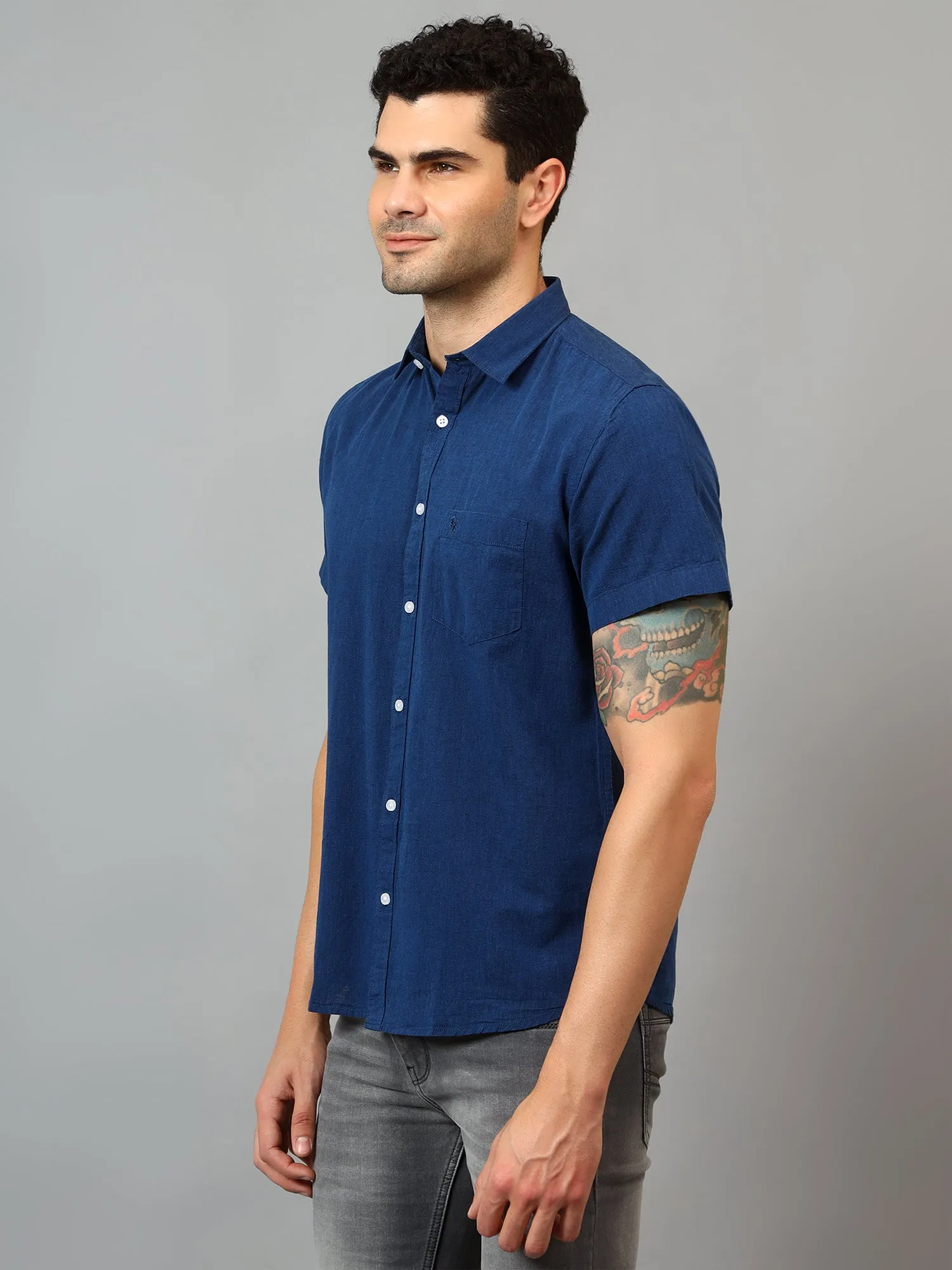 Men's Navy Blue Casual Plain Half sleeve Shirt