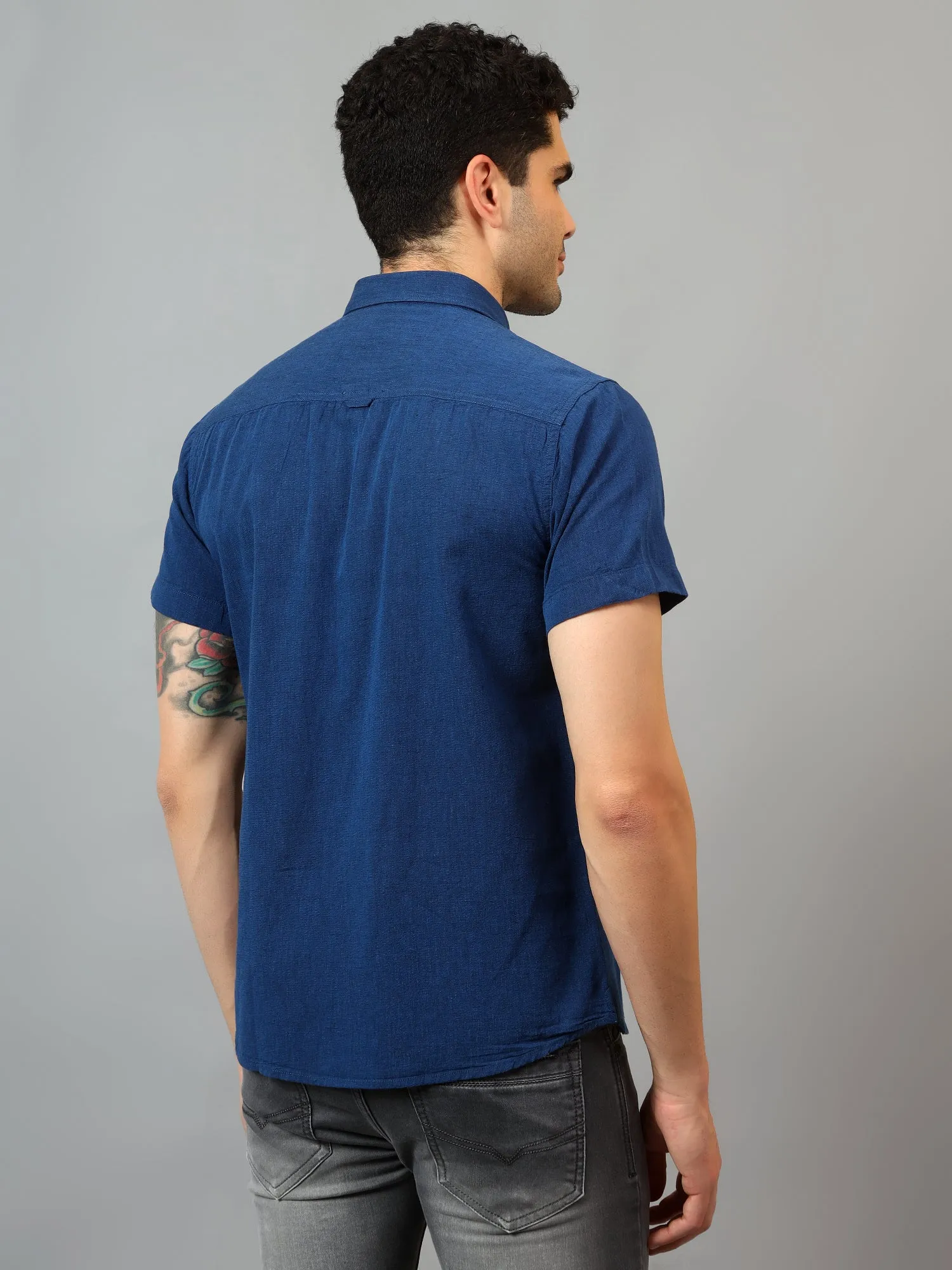 Men's Navy Blue Casual Plain Half sleeve Shirt