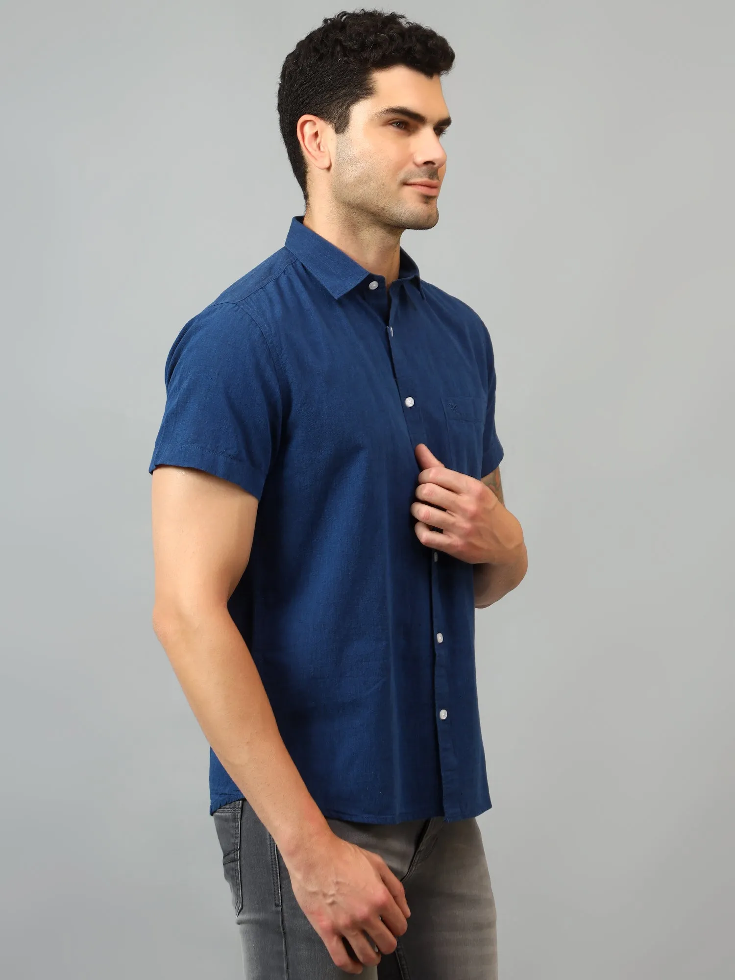 Men's Navy Blue Casual Plain Half sleeve Shirt