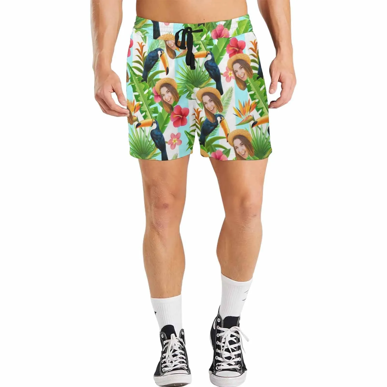Personalized I Love My Girlfriend Swim Trunks Custom Face Rainforest Men's Quick Dry Swim Shorts for Holiday