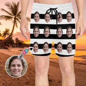 Personalized Swim Trunks Custom Face Simple White Black Stripes Men's Quick Dry Swim Shorts for Him