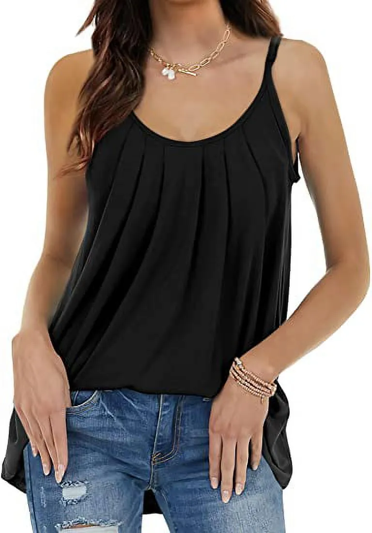 Petmoko Summer Beach Tank Tops for Women Pleated Adjustable Strap Camisole Loose Fit Casual Sleeveless Black XL