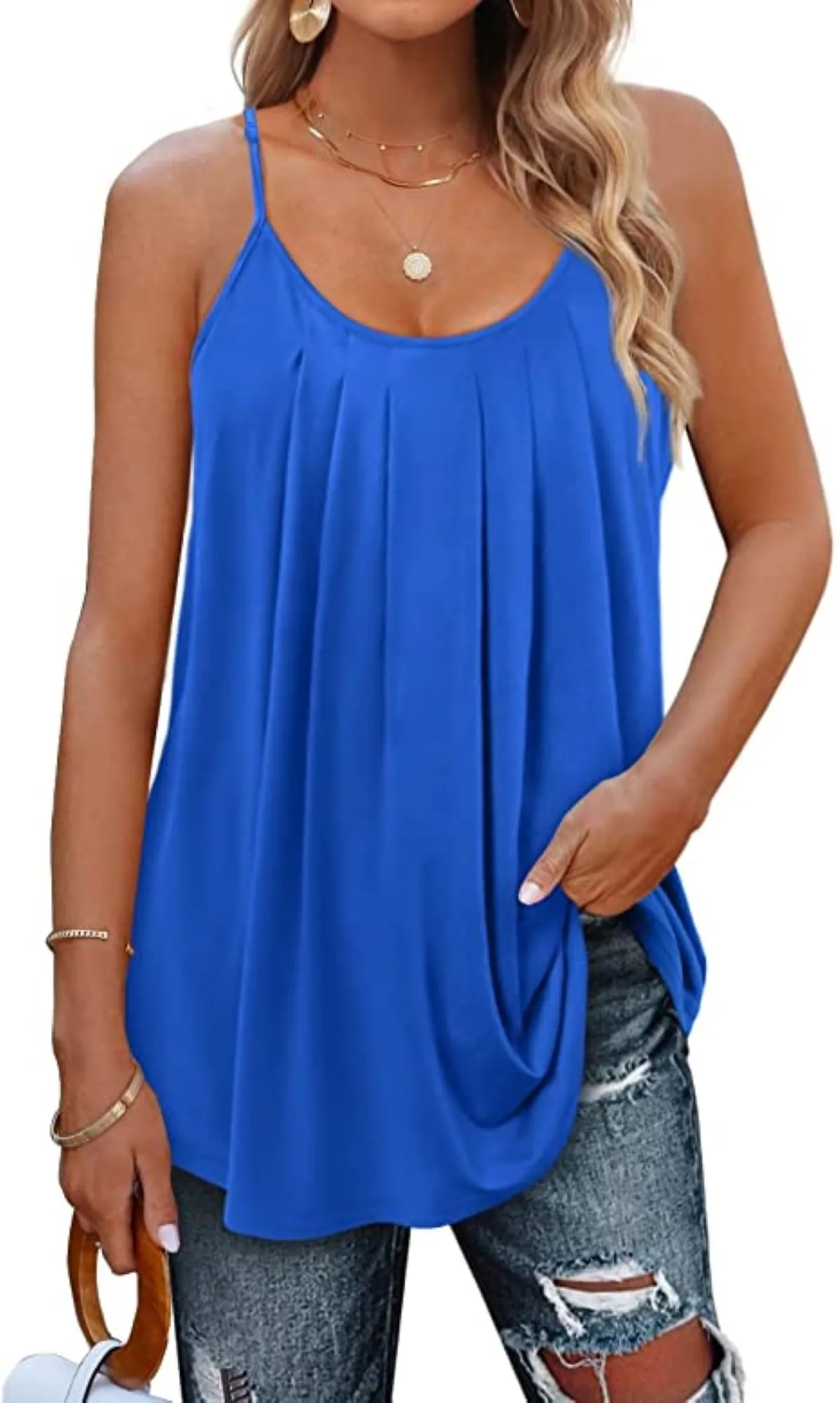 Petmoko Summer Beach Tank Tops for Women Pleated Adjustable Strap Camisole Loose Fit Casual Sleeveless Black XL