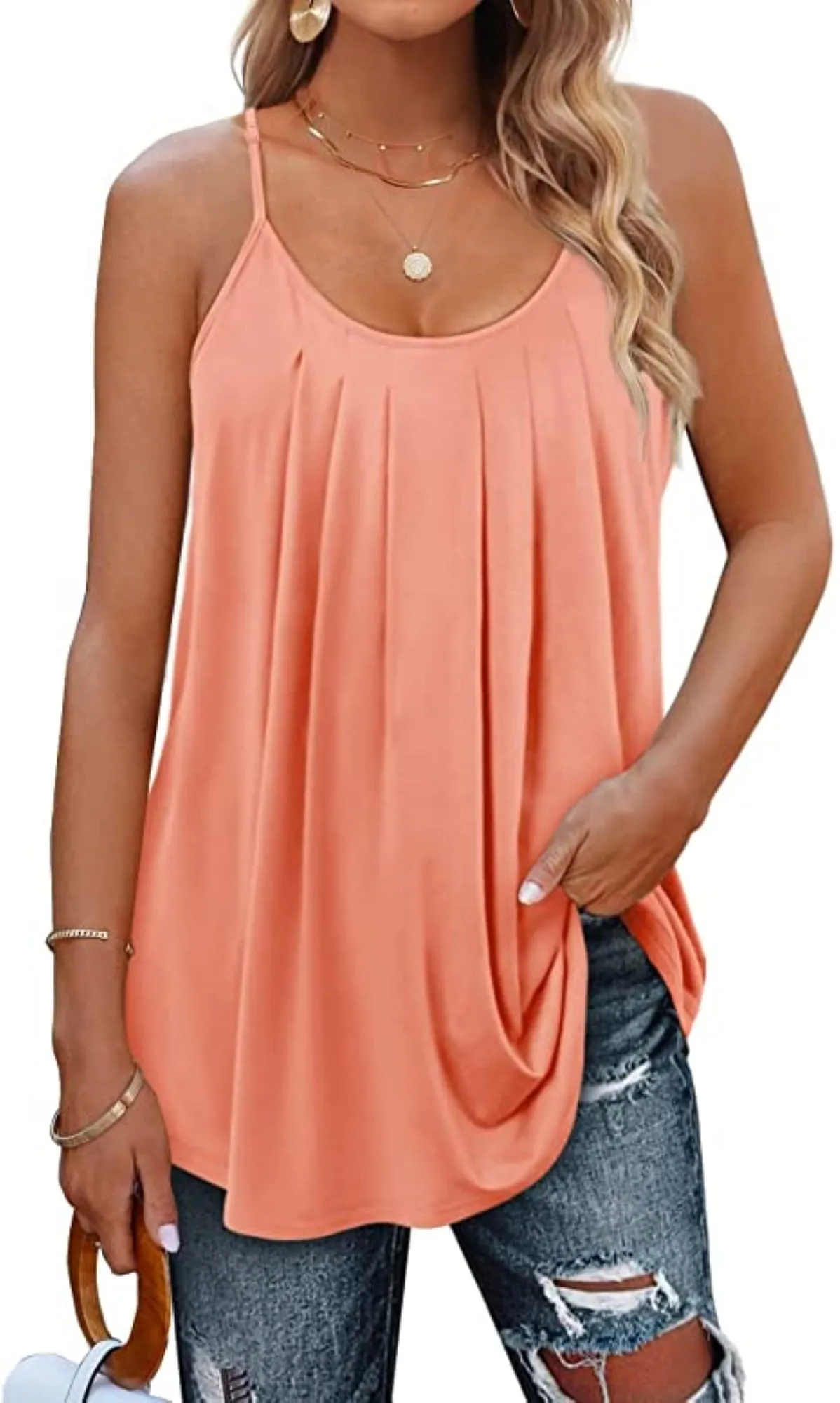 Petmoko Summer Beach Tank Tops for Women Pleated Adjustable Strap Camisole Loose Fit Casual Sleeveless Black XL