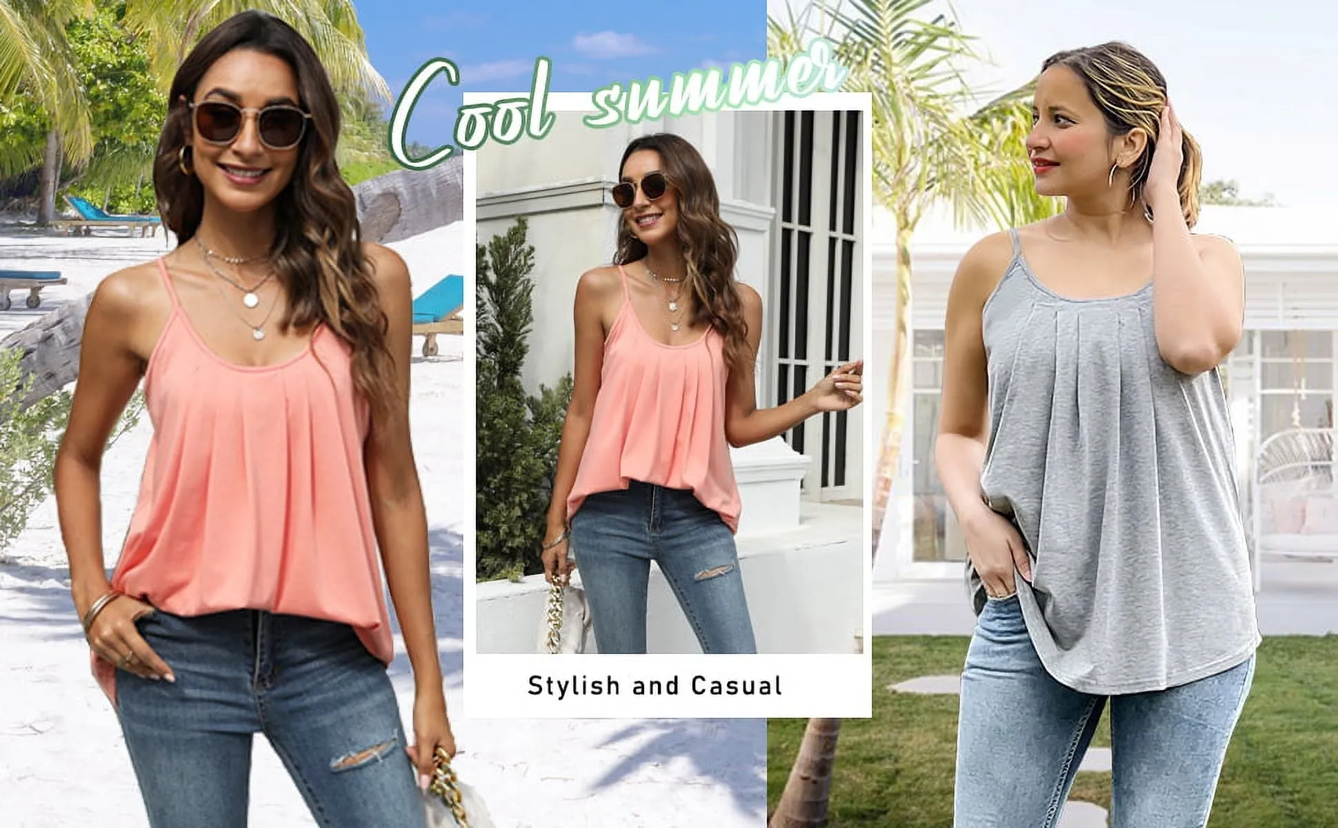 Petmoko Summer Beach Tank Tops for Women Pleated Adjustable Strap Camisole Loose Fit Casual Sleeveless Black XL